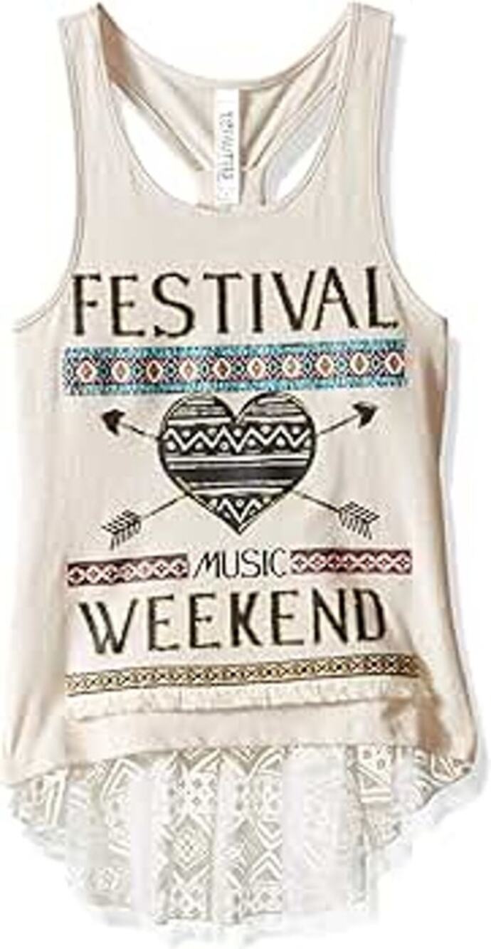 Beautees Festival Music Lace Trim Graphic Racerback Tank Top Women's SIze Large